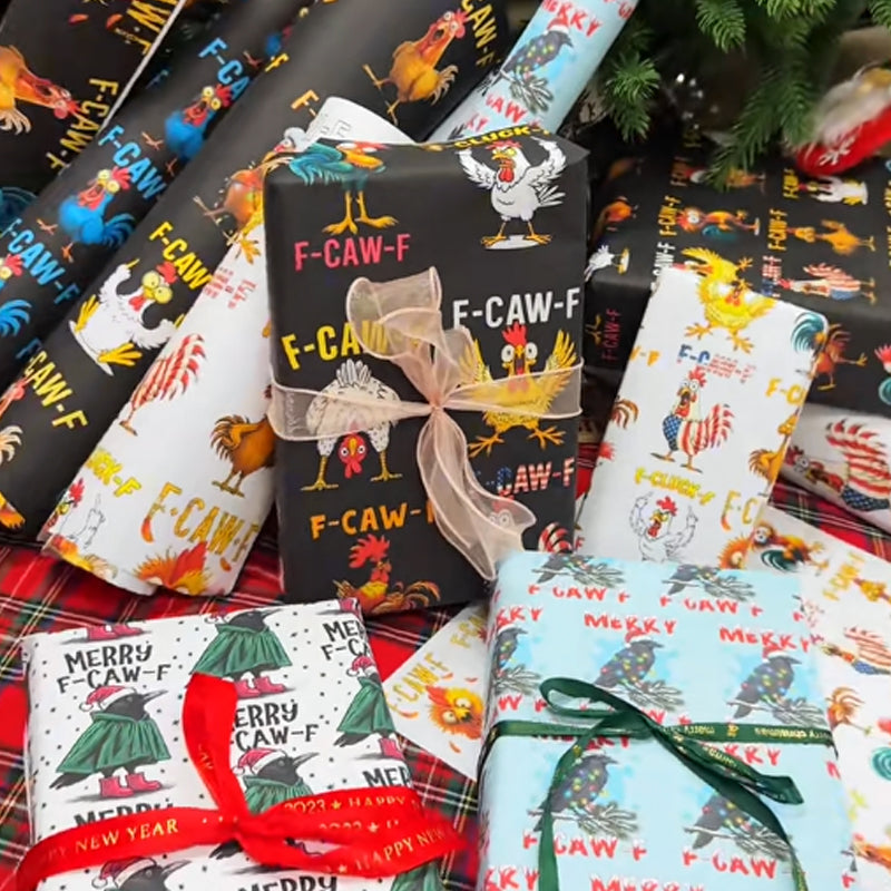 🎄 “F-CAW-F” Funny Chicken Christmas Wrapping Paper 🐔✨