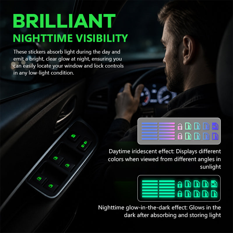 Car Window Lift Switch Luminous Stickers - Colorful Night Glow Warning Button Decal