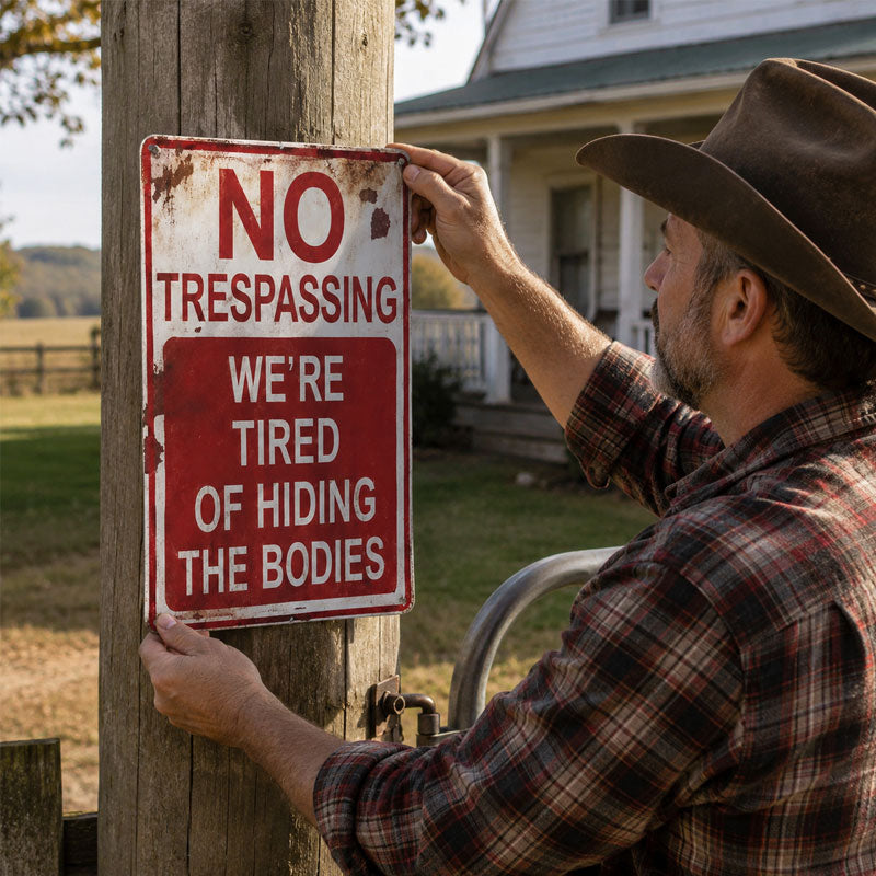 Funny Rustic No Trespassing Metal Sign – Vintage Farmhouse Warning Decor for Ranch, Barn & Outdoor Fence 🚫🤠